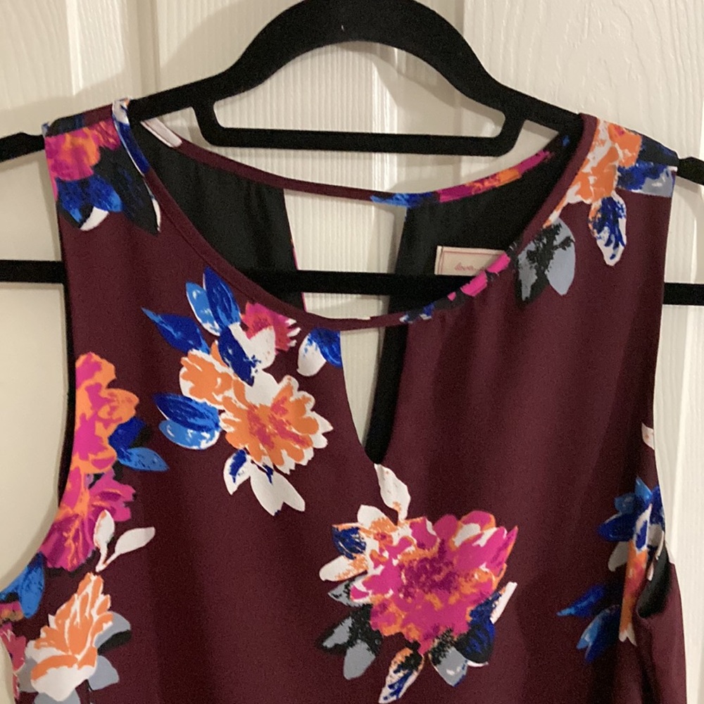 Love….ady floral swing style sleeveless dress size large full black lining - Picture 7 of 12